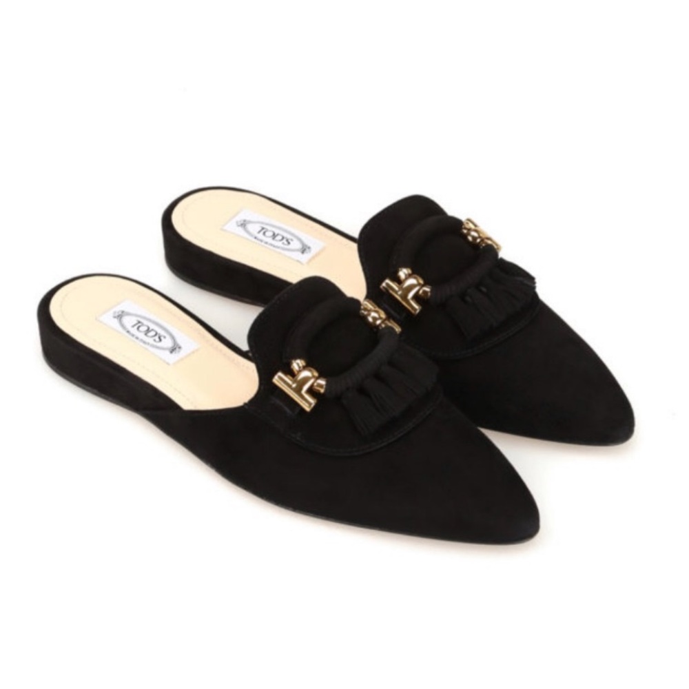 Tod’s Womens Shoes Black Suede tassel Gold T-ring Slip On Mules Size 8.5